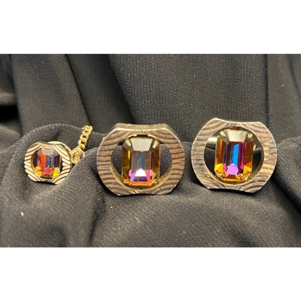 Vintage DANTE Amber Rivoli cufflinks and tie pin Bling